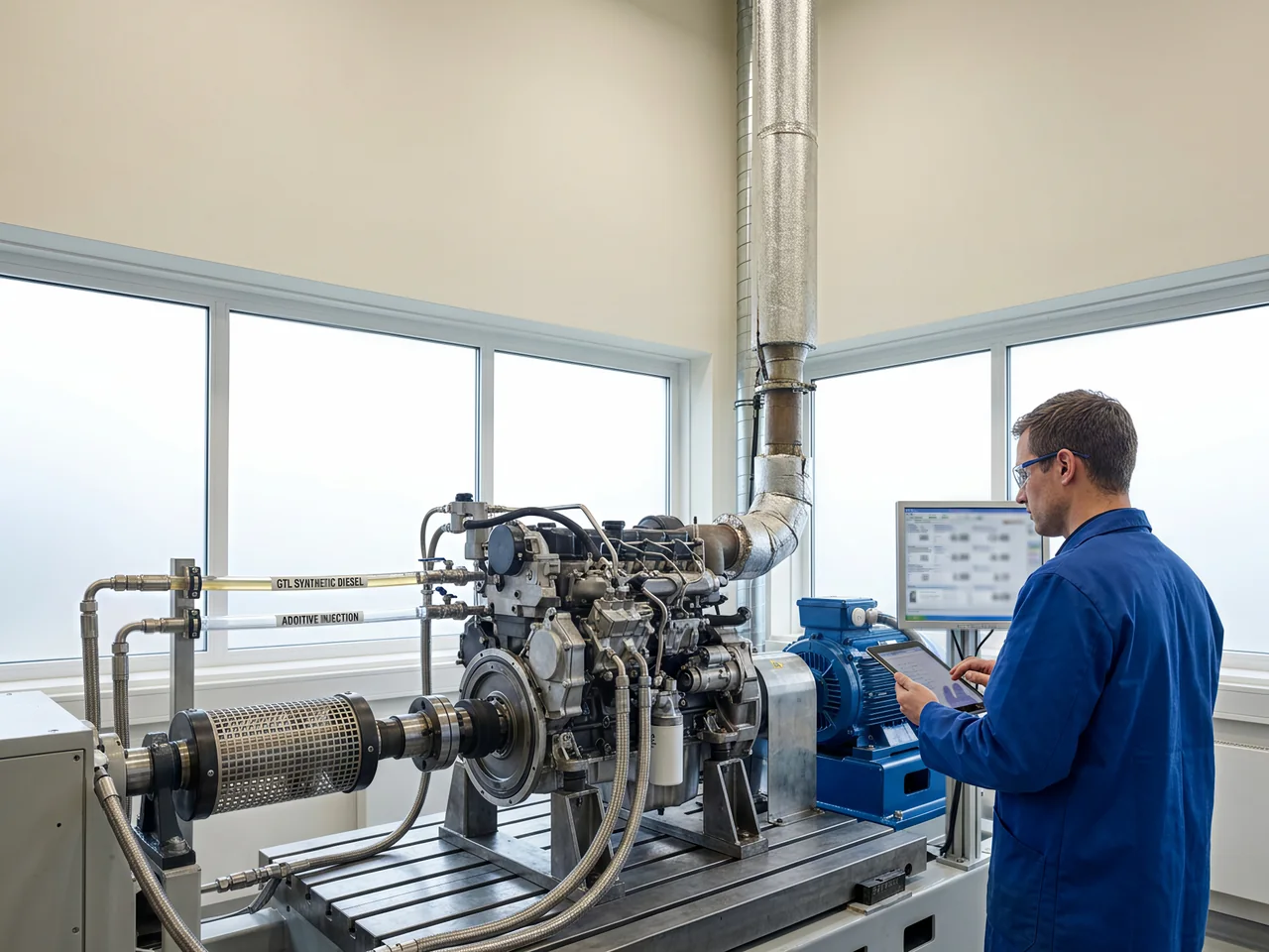 Illustrative engine test bench evaluating GTL fuel and controlled additive dosing