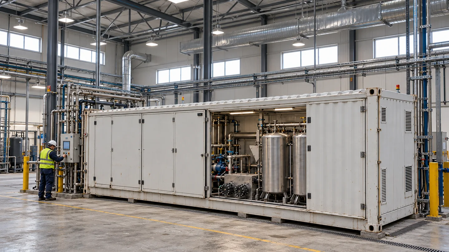 Illustration of a modular GTL unit inside an industrial hall, with a technician at the control panel
