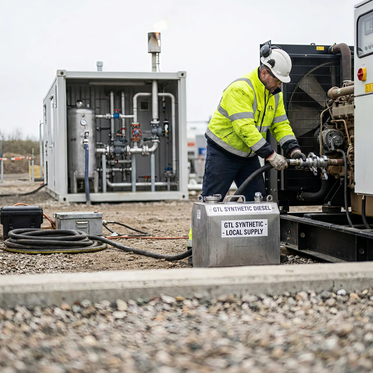 Illustrative operator connecting a GTL fuel supply hose to a site generator