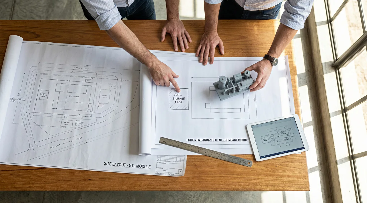 Illustrative engineers reviewing a GTL site plan and a modular plant model