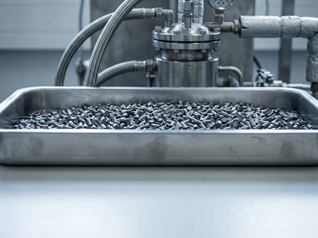 Illustrative catalyst pellets in front of a GTL synthesis reactor