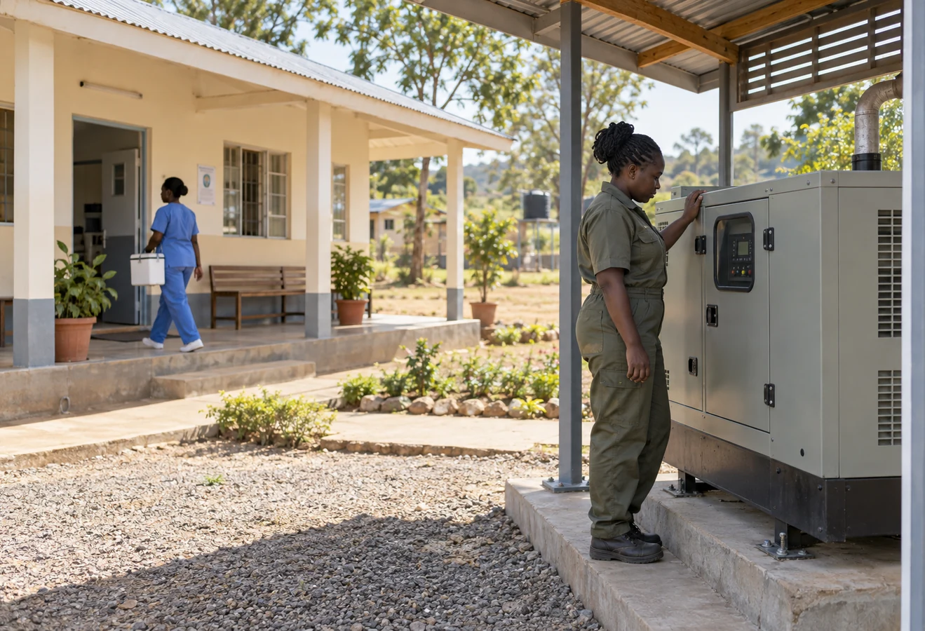 Technician checking a rural clinic's backup generator as a nurse carries an insulated medical box