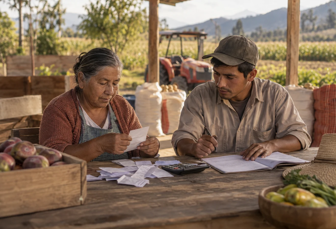Smallholder farmers reviewing fuel expenses and harvest income at a cooperative