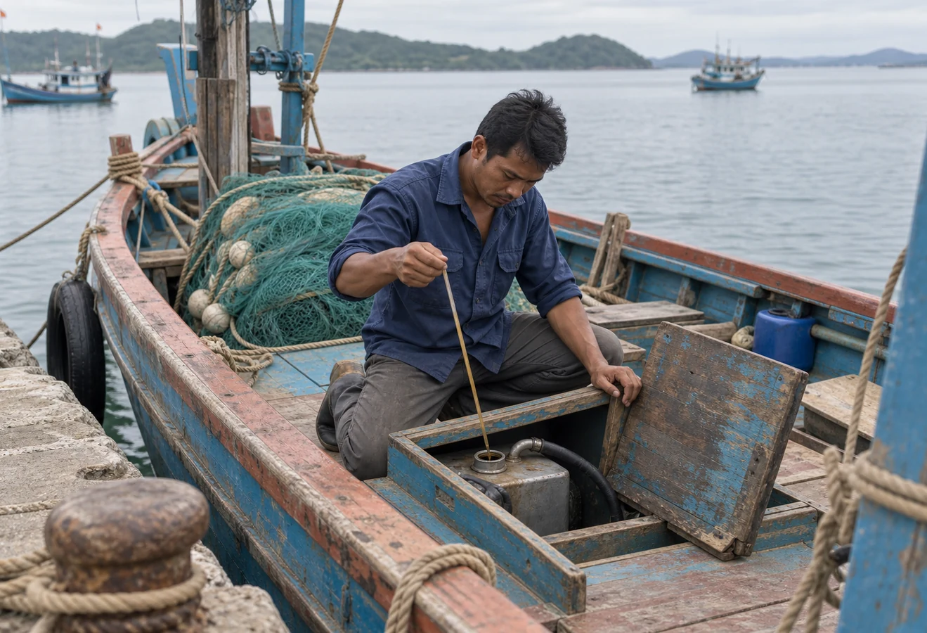 Small-scale fisher checking the fuel level in a boat's fitted tank before departure