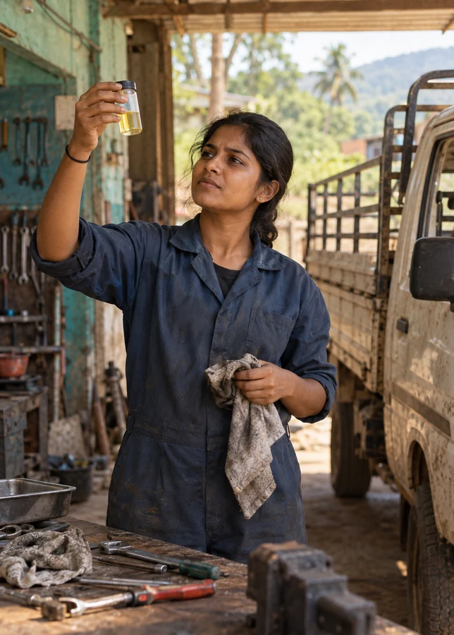 Mechanic examining a fuel sample in a small community workshop