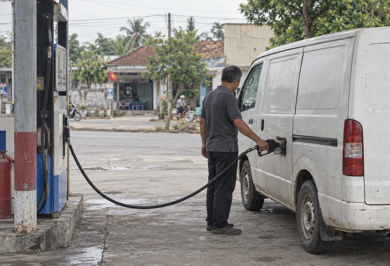 Owner-driver refuelling a delivery van at a small roadside fuel station