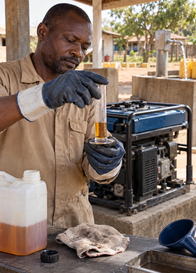 Community water-pump operator measuring fuel additive beside a generator